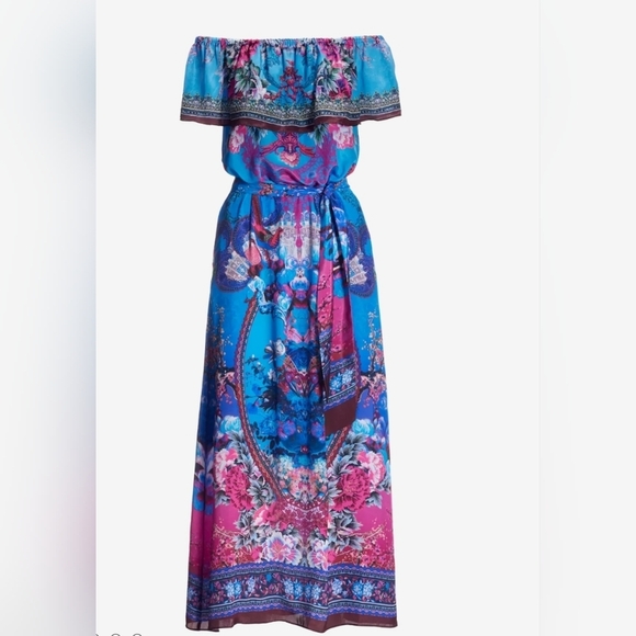 Boston Proper Rhinestone Ruffle Peacock Floral Off The Shoulder Maxi Dress - Picture 5 of 6